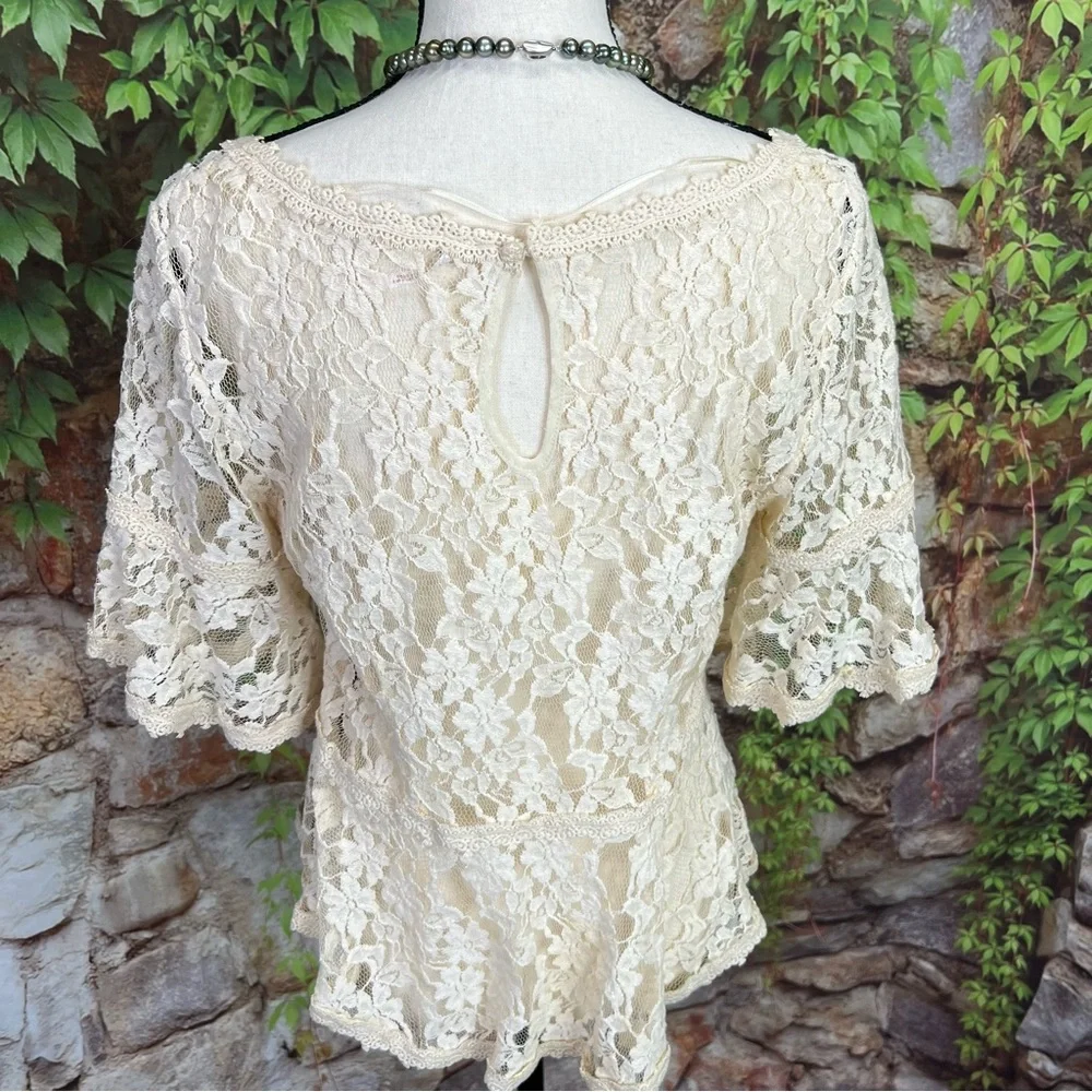 FREE PEOPLE Cottagecore Cream Peplum Blouse with Black Lace Ruffles, M